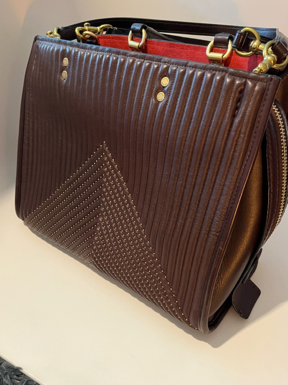 Coach Rogue 1941 Burgundy Quilted Riveted Tote with Gold Hardware - Picture 2 of 14